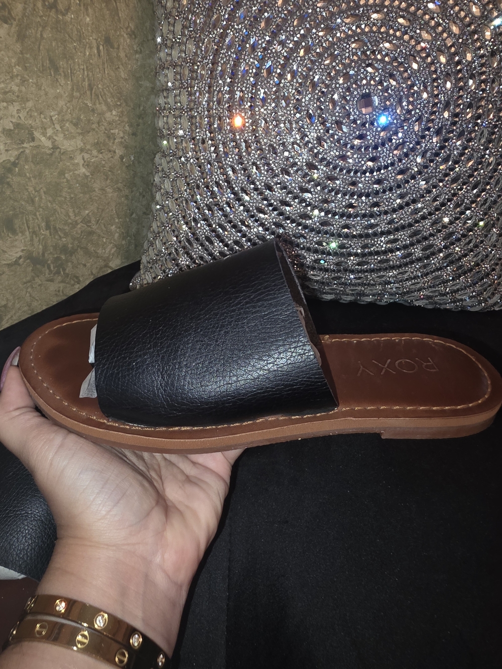 ROXY Black Leather Slide Sandals with Brown Footbed